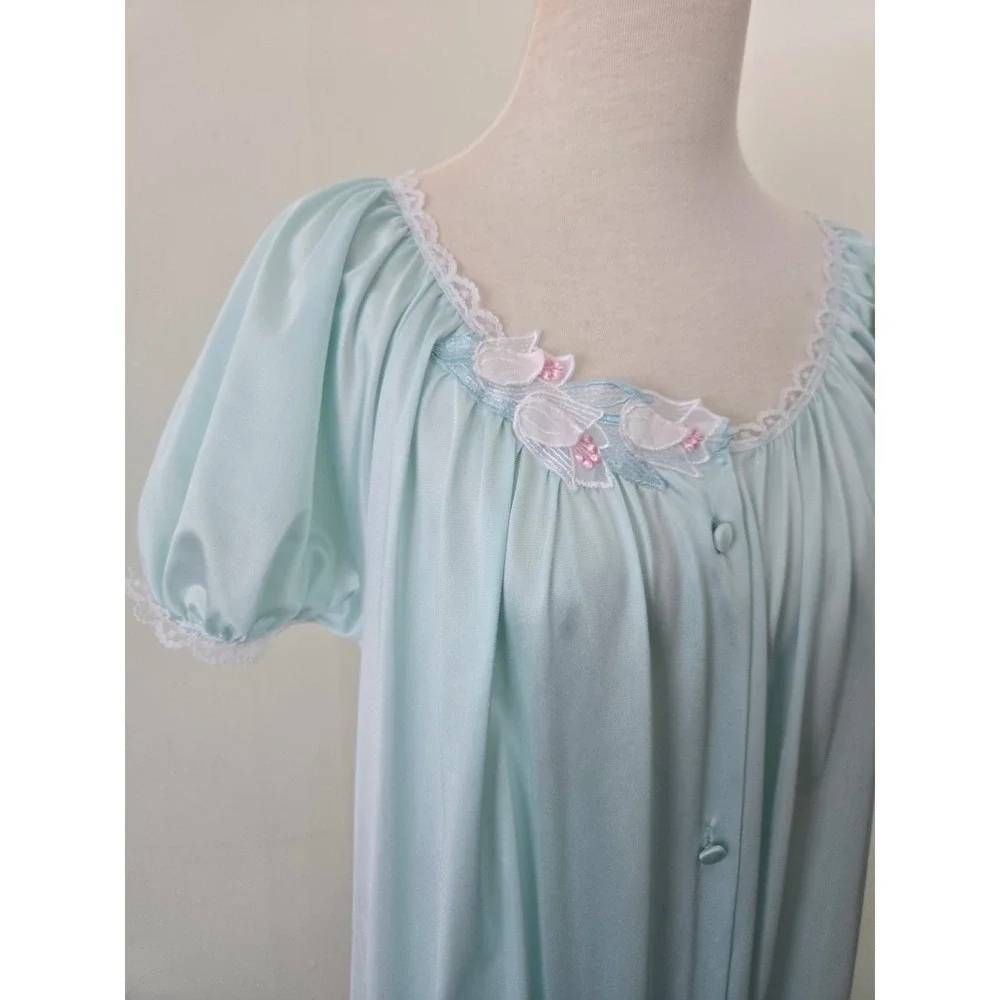 Vtg Vandemere Mint Green Button Front Nightgown Lace Floral Puff Sleeve S Nylon